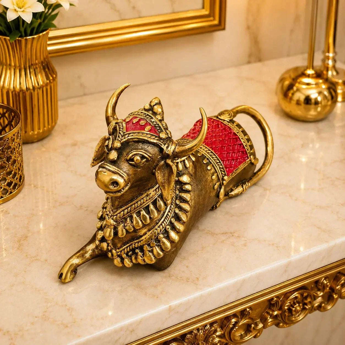 Brass Handcrafted Dhokra Sitting Nandi Idol (4.5 Inch) Vedansh Craft
