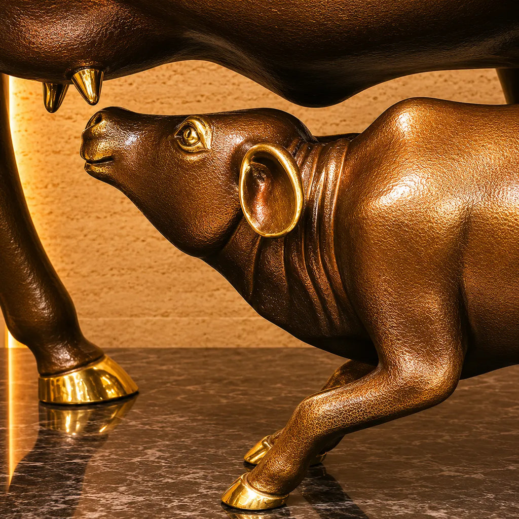 Brass Majestic Kamdhenu Cow with Calf Idol on Granite Base (33 Inch) Vedansh Craft