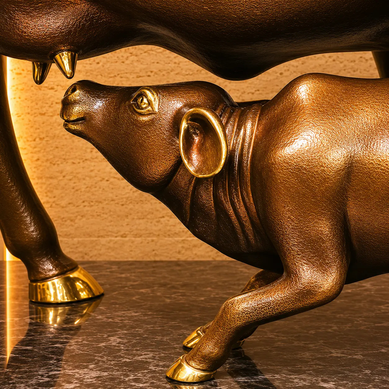 Brass Majestic Kamdhenu Cow with Calf Idol on Granite Base (33 Inch) Vedansh Craft