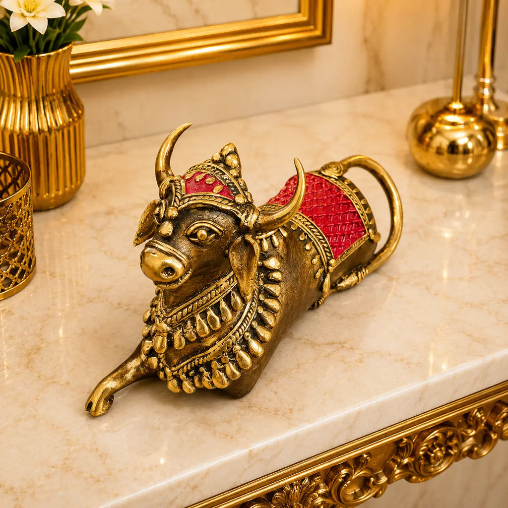 Brass Handcrafted Dhokra Sitting Nandi Idol (4.5 Inch) Vedansh Craft