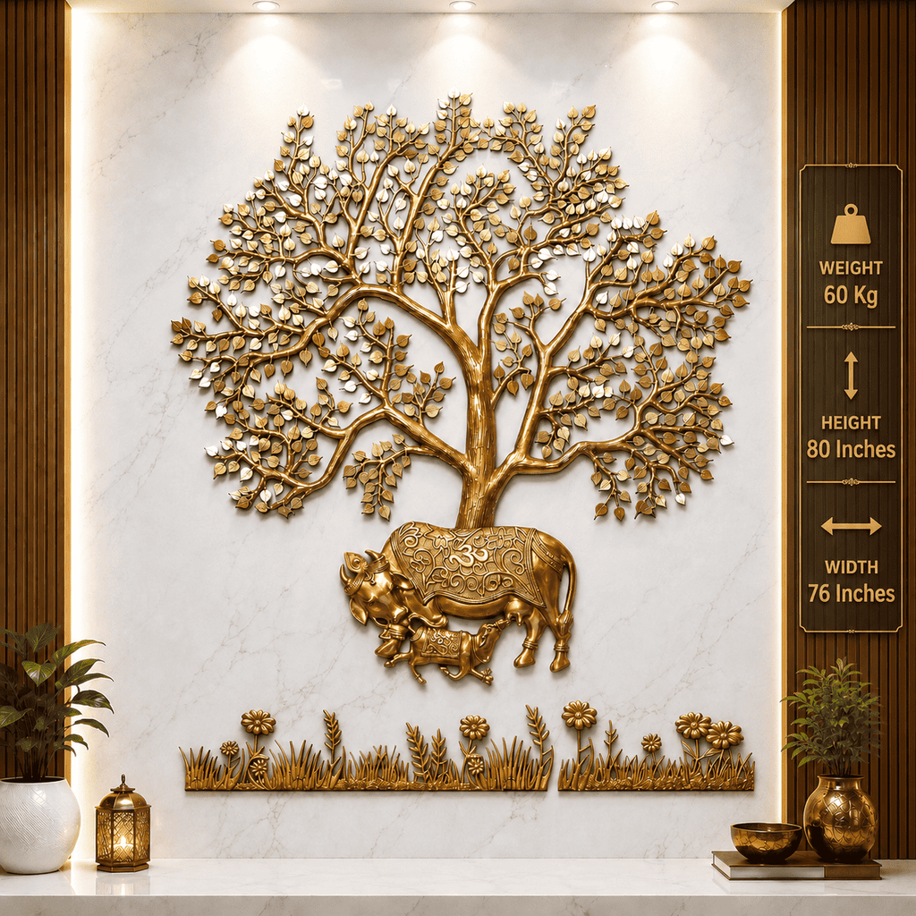 Brass Cow & Calf With Kalpvriksha Tree Wall Hanging (80 Inch) Vedansh Craft