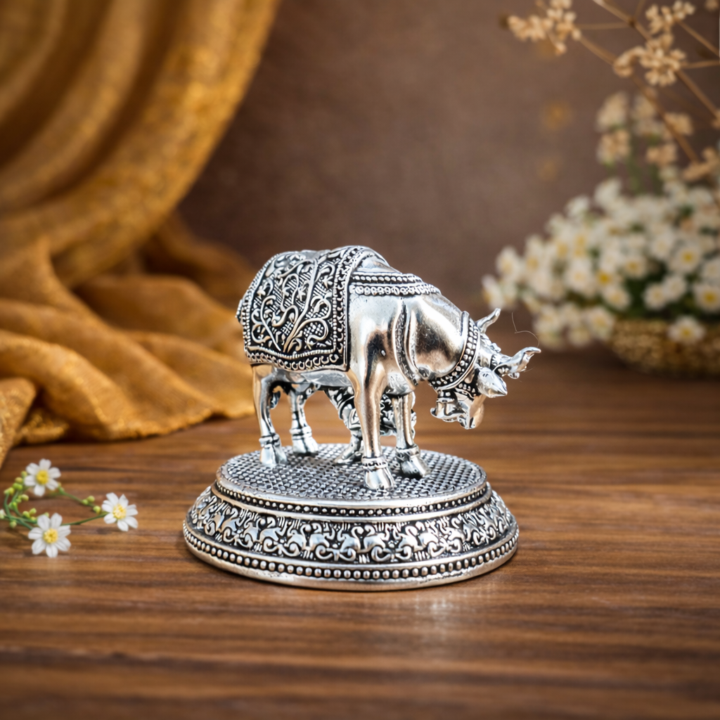 Brass Silver Plated Kamdhenu Cow With Calf Lightweight Idol (2 Inch) Vedansh Craft