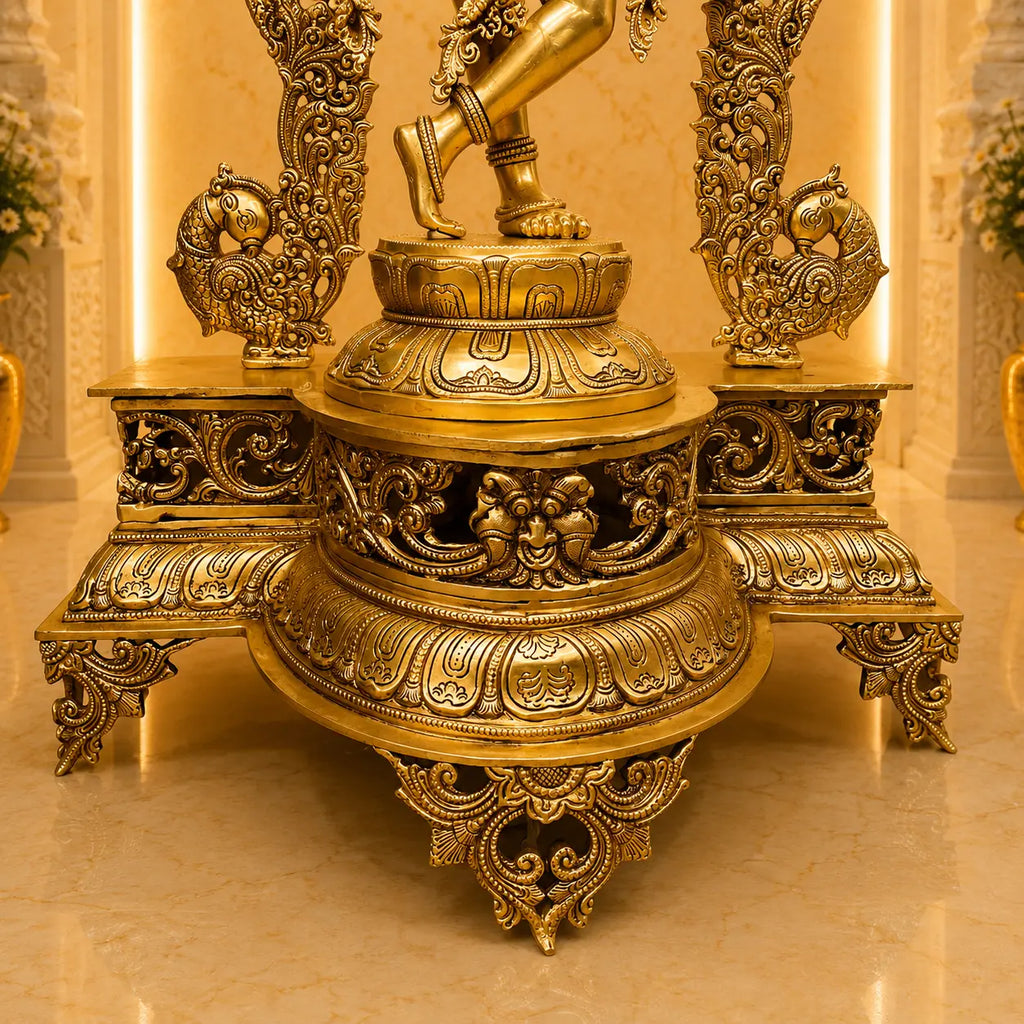 Brass Standing Krishna Idol On Throne / Singhasan (31 Inch) Vedansh Craft