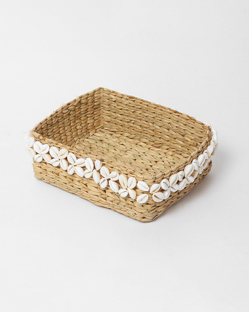Handwoven Seagrass Shells Organizer Basket for Elegant Home and Tabletop Decor