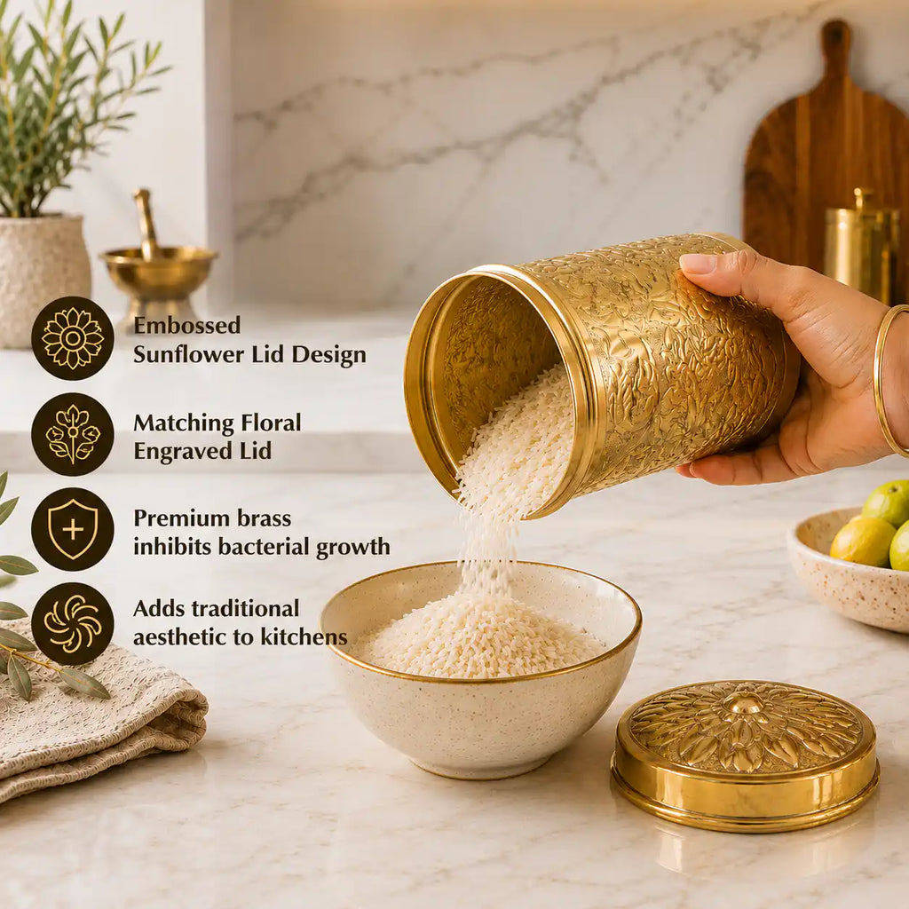 Brass Flower Design Container / Storage Box With Lid Vedansh Craft