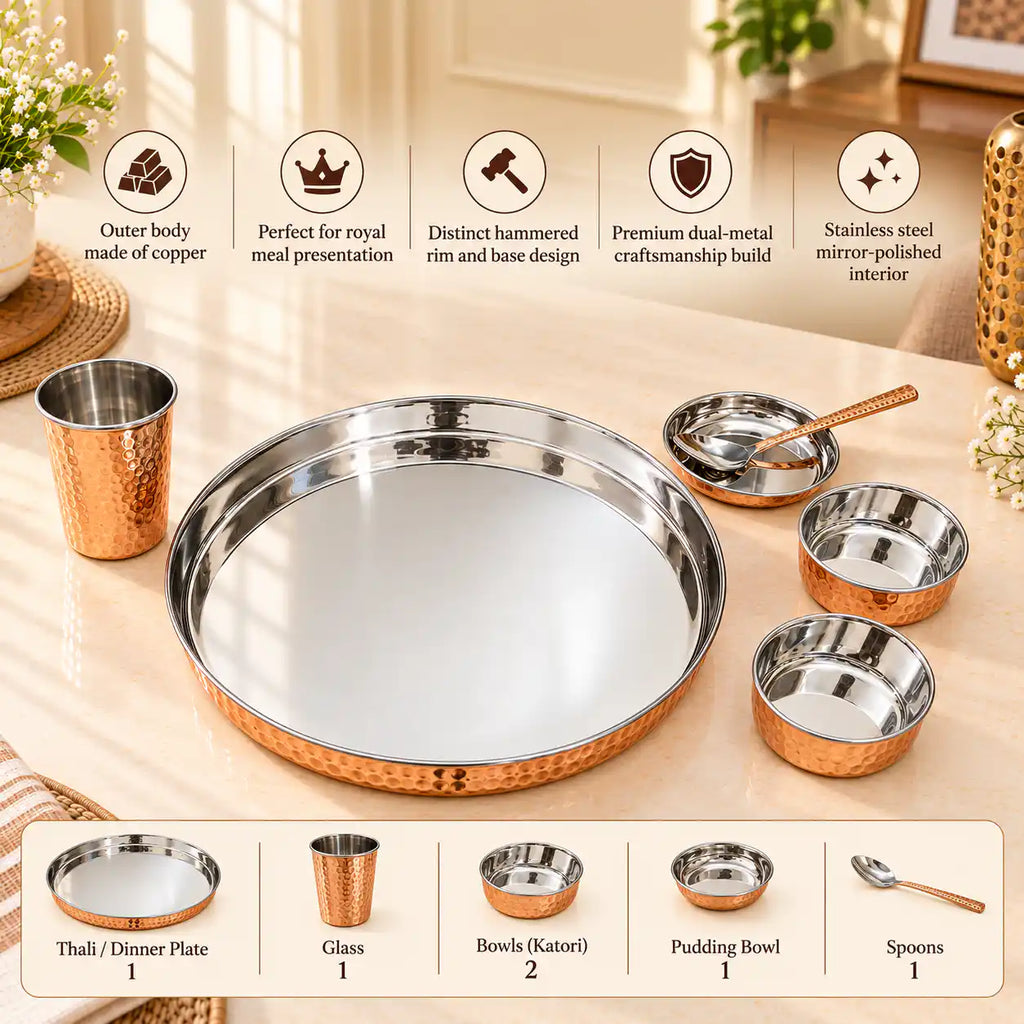 Copper/Brass Hammered Thali/Dinner Set Vedansh Craft