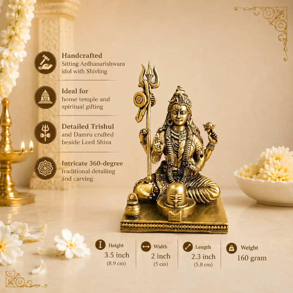 Brass Lightweight Sitting Ardhanarishwara Idol With Shivling (3.5 Inch) Vedansh Craft