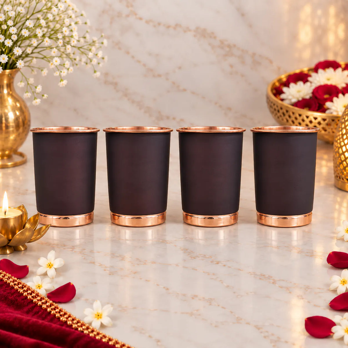 Copper Glass Set of Four With Gift Box/Hamper (3.5 Inch) Vedansh Craft