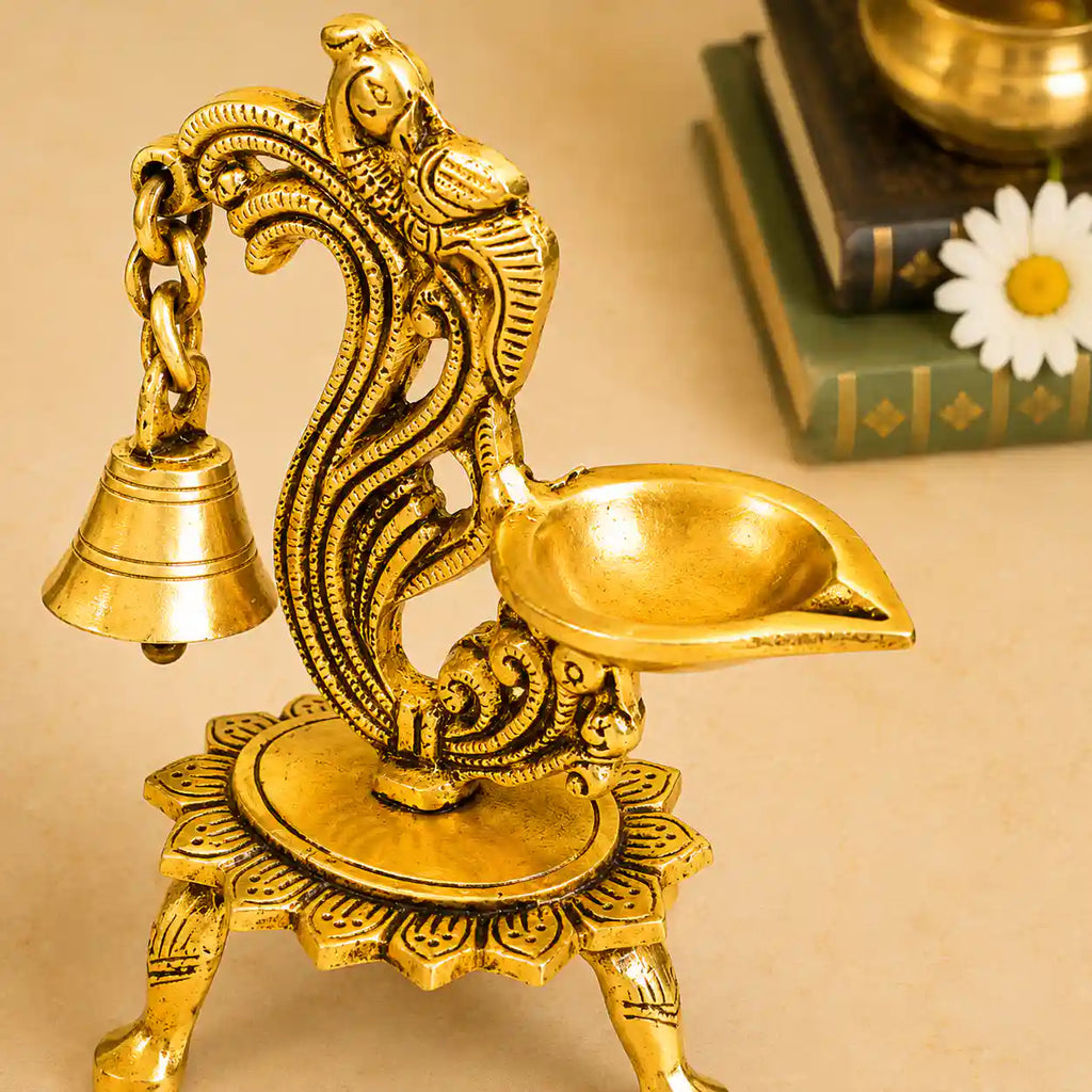 Brass Ethnic Peacock Diya Lamp With Hanging bell Vedansh Craft