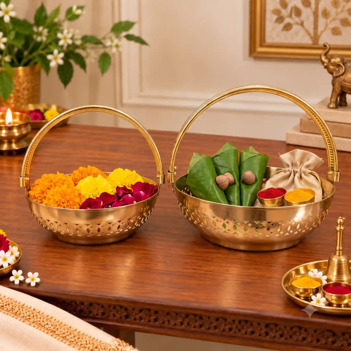 Brass Pooja Basket With Handle Set of 2 Vedansh Craft