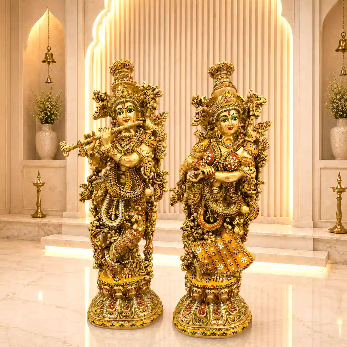 Brass Stone Work Standing Radha Krishna Statue Set (30 Inch) Vedansh Craft