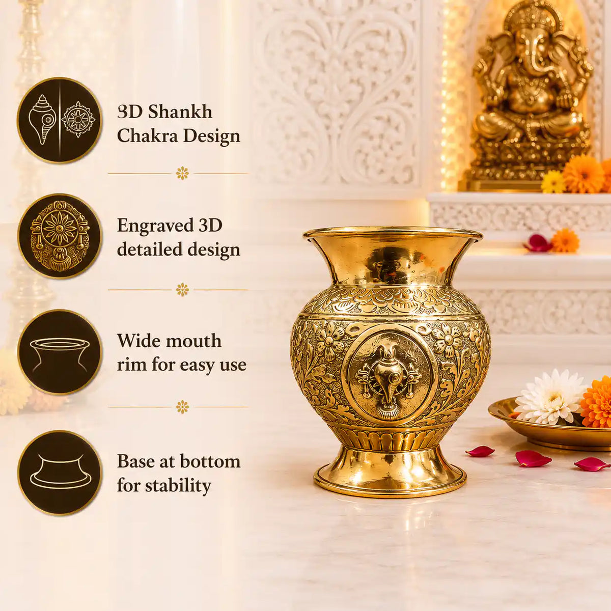 Brass Shankh Chakra Namaha Kodam / Kalash Vedansh Craft