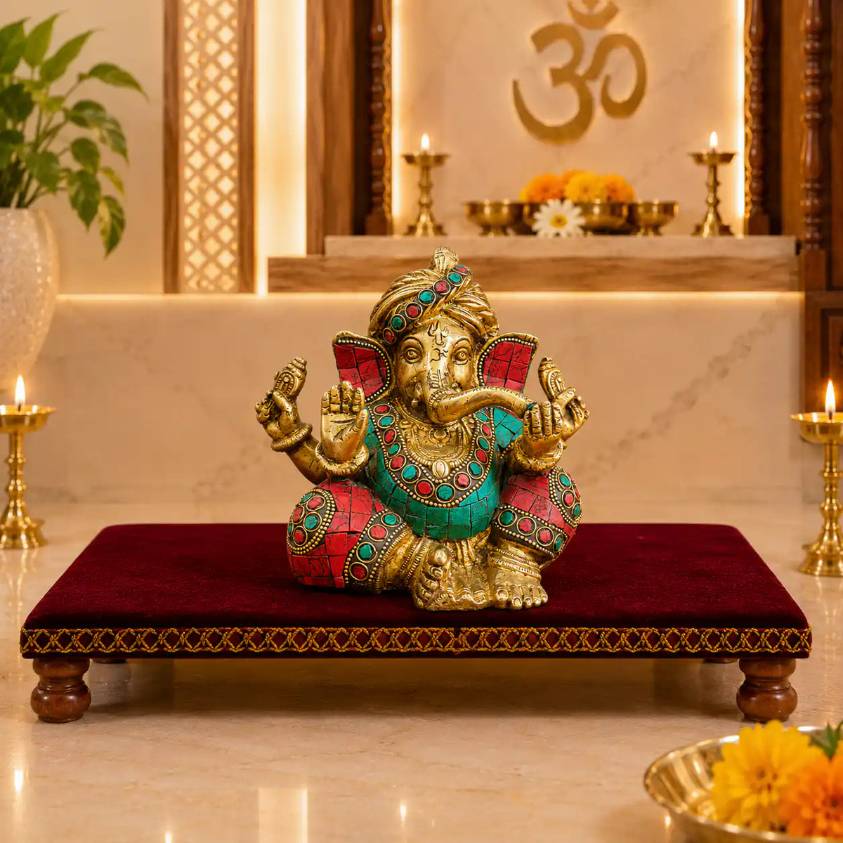 Brass Stone Work Sitting Ganesha Idol Vedansh Craft