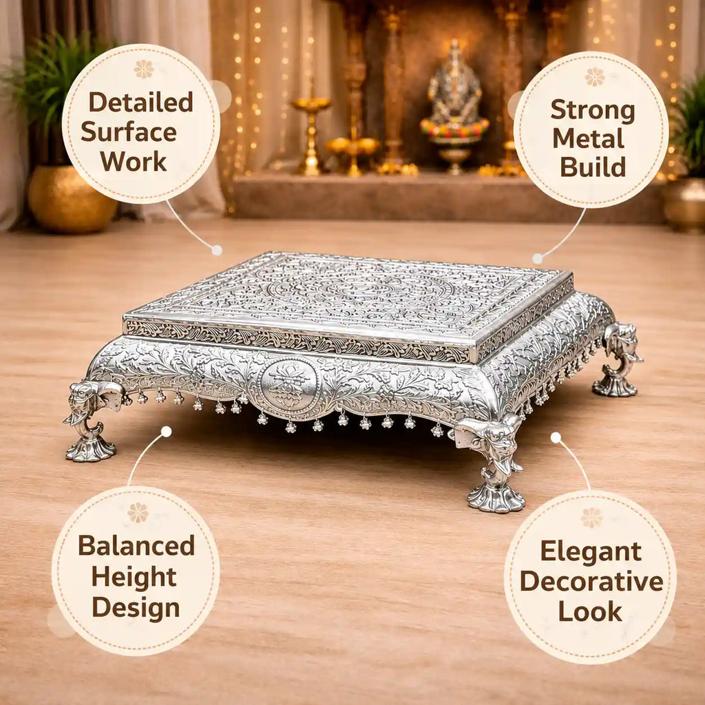 German Silver Handcrafted Chowki with Elephant Leg (7 Inch) Vedansh Craft