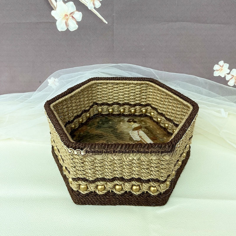 Hexagonal Storage Box Made Entirely Of Handmade Hemp Rope