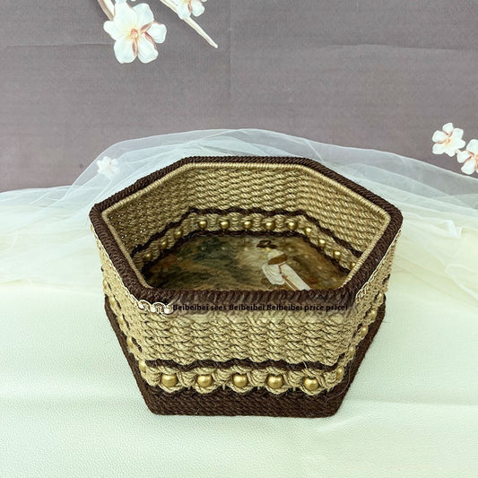 Hexagonal Storage Box Made Entirely Of Handmade Hemp Rope