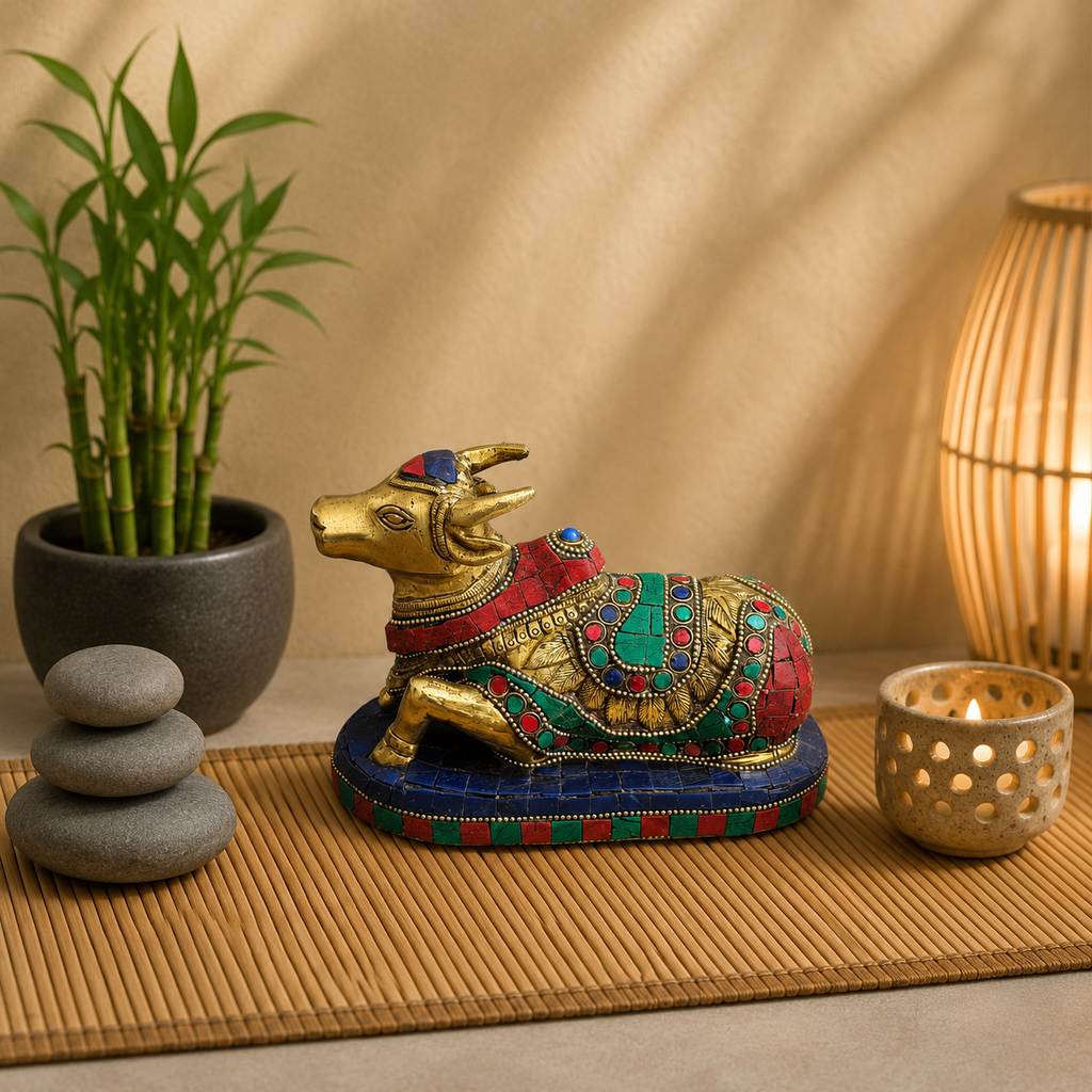 Brass Stone Work Sitting Nandi Idol (4.5 Inch) Vedansh Craft