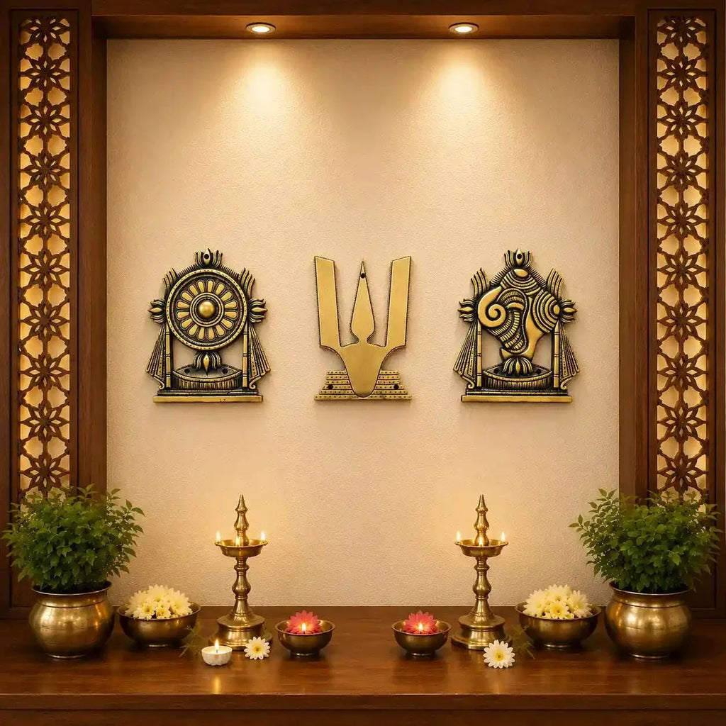 Brass Shankh Chakra Namah Wall Hanging Set (9.5 Inch) Vedansh Craft