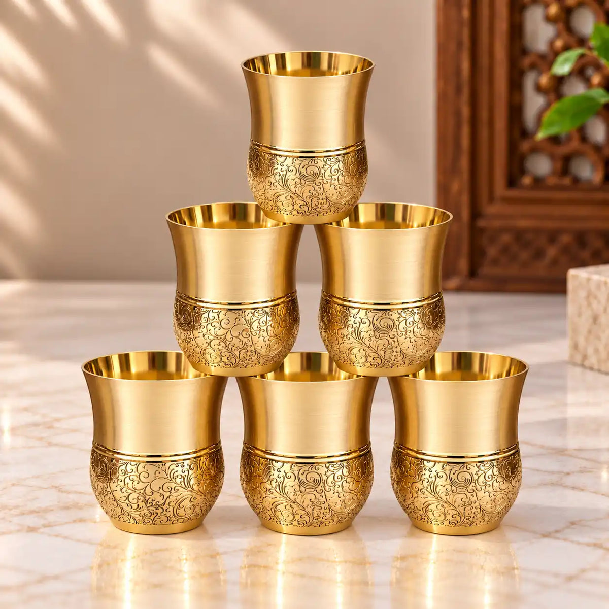 Brass Hafl Floral Design Glass Pair (3.8 Inch) Vedansh Craft