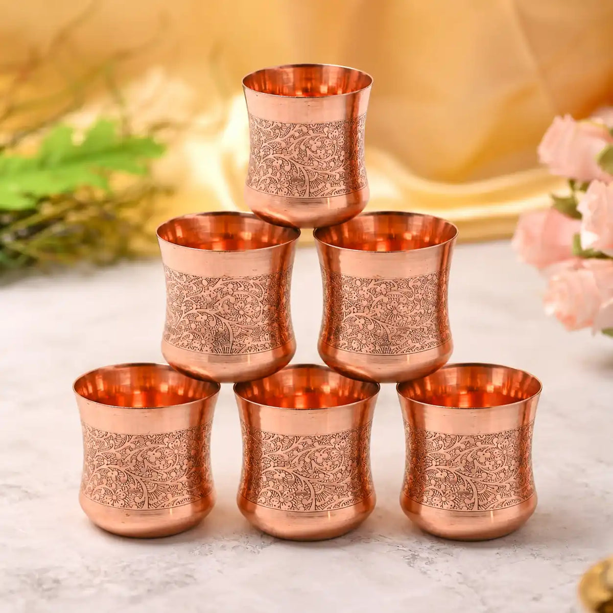 Copper Hand Carved Glass Pair (3.5 Inch) Vedansh Craft