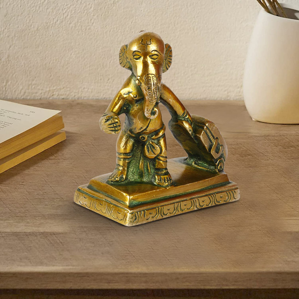 ARTVARKO Brass Ganesha Travelling Ganesh with Suitcase Bag Idol Statue (3.5x4 Inch Greenish Gold)