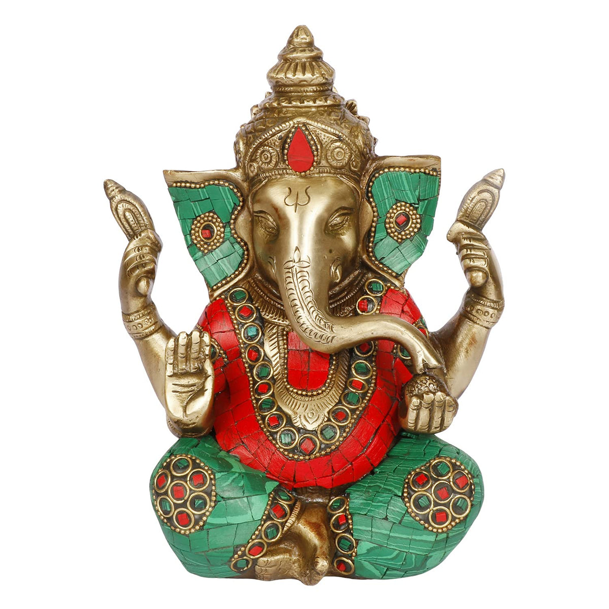 ARTVARKO Ganesha Statue Idol Brass with Turquoise Taj Ganesh Idol Sculpture for Home Pooja Entrace Décor Good Luck Vastu Marriage Gift 7.5 Inch