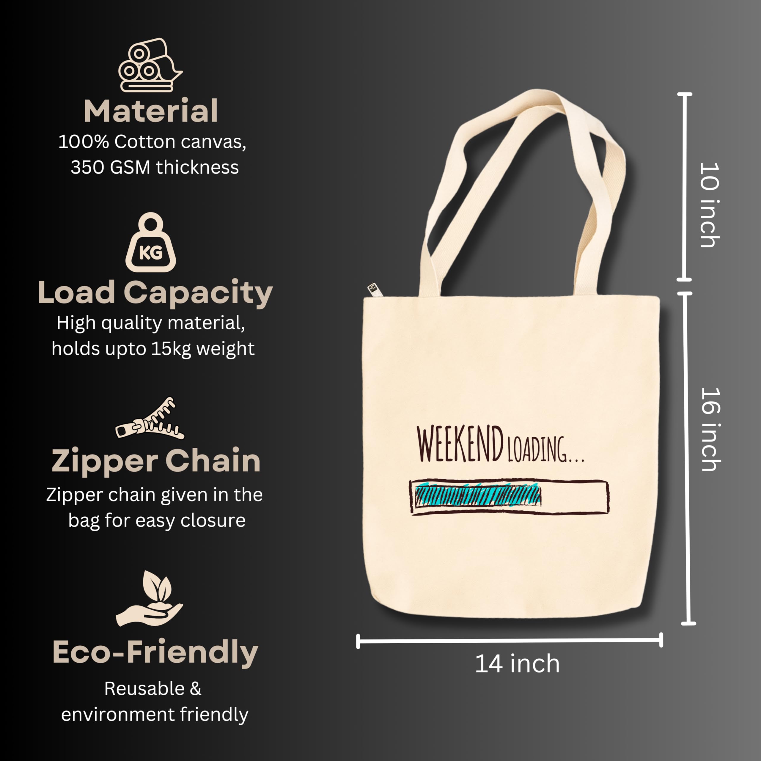 snapiq COTTON 350 GSM Canvas Tote Bag for Women and Girls Thick Fabric with Zipper (Beige, Weekend Loading)