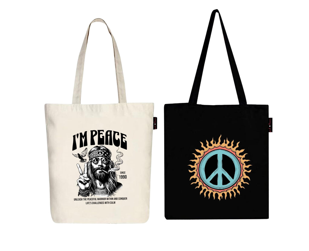 Peach Blossom Printed Cotton Zipper Tote Bags | CBAG - WHT-I M PEACE_BLK-SUN BENZ