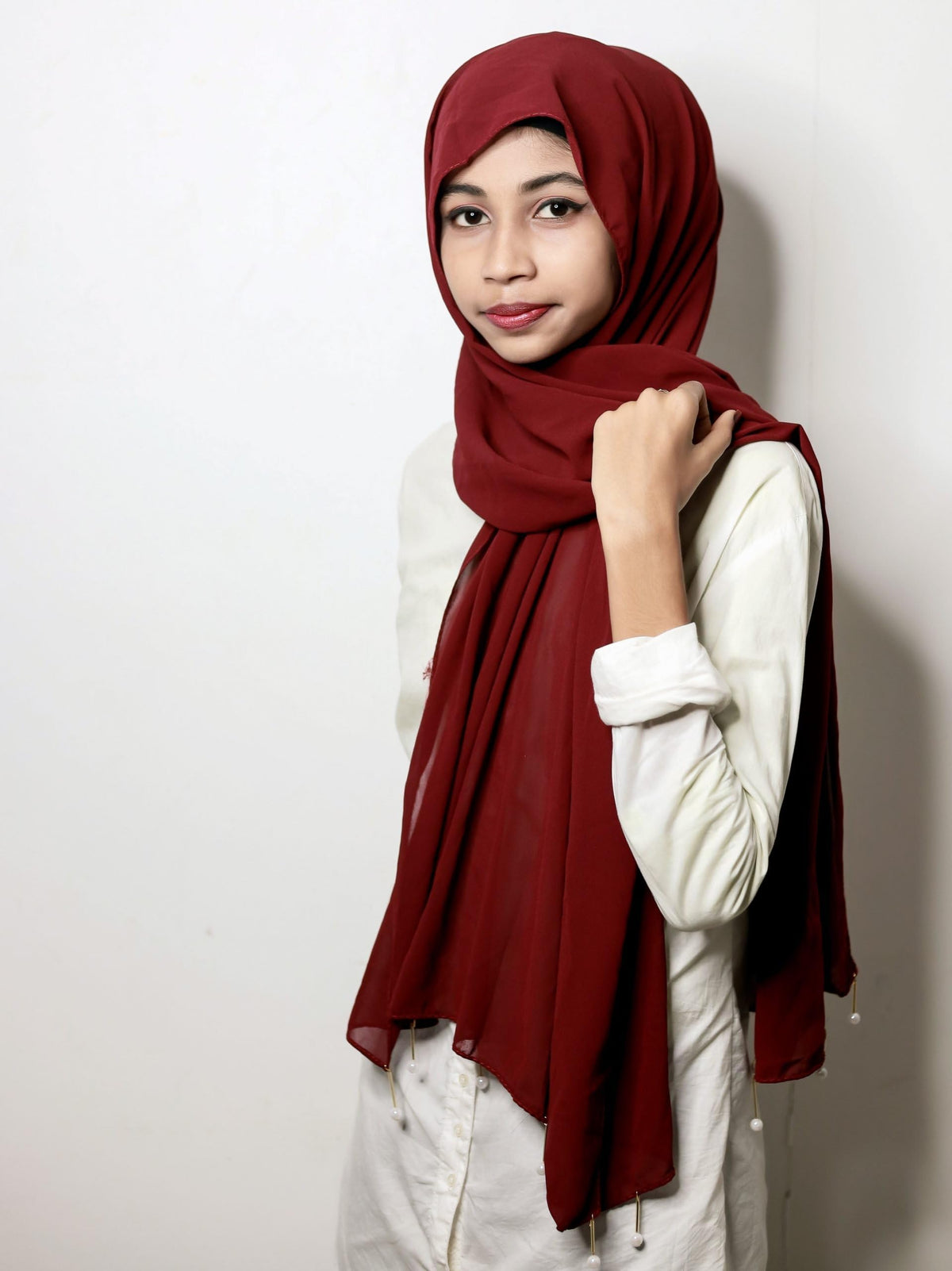 Urshia Georgette Pearl Hijab With Moti Latkan and Diamond Accents for Women (Maroon)