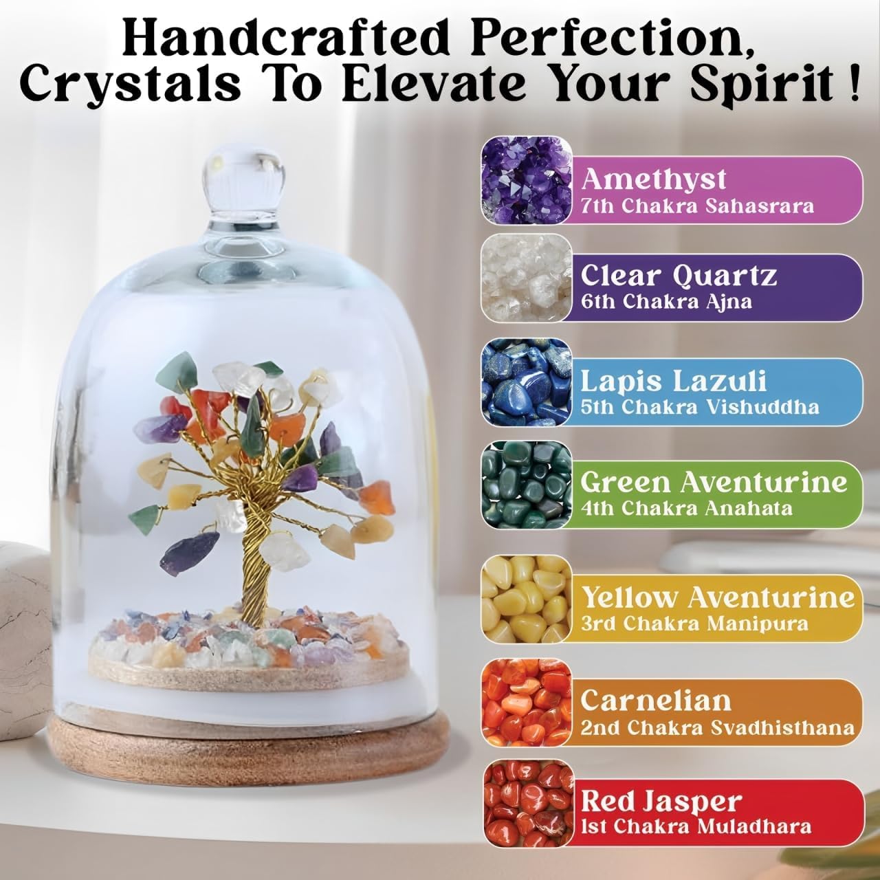 JD FRESH Original Certified Seven Chakra Crystal Tree with Glass Dome/Natural Gemstone Tree/Natural Healing Gemstone Bonsai for Meditation/Wealth/Vaastu/Office/Desk/Decor Gifts