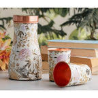 INDIAN ART VILLA Copper Gold Printed Bedroom Bottle with 2 Glass Set – 900 ML Bottle & 300 ML Glasses, Elegant Drinkware Gift Set for Home, Office, and Gifting