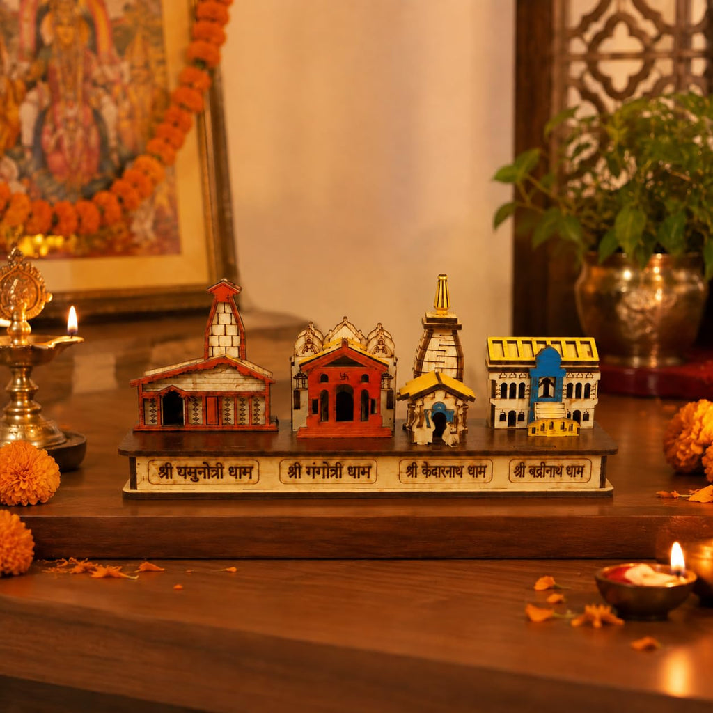 Char Dham Temple Wooden Model Yamunotri,Gangotri,Kedarnath&Badrinath 8 INCH