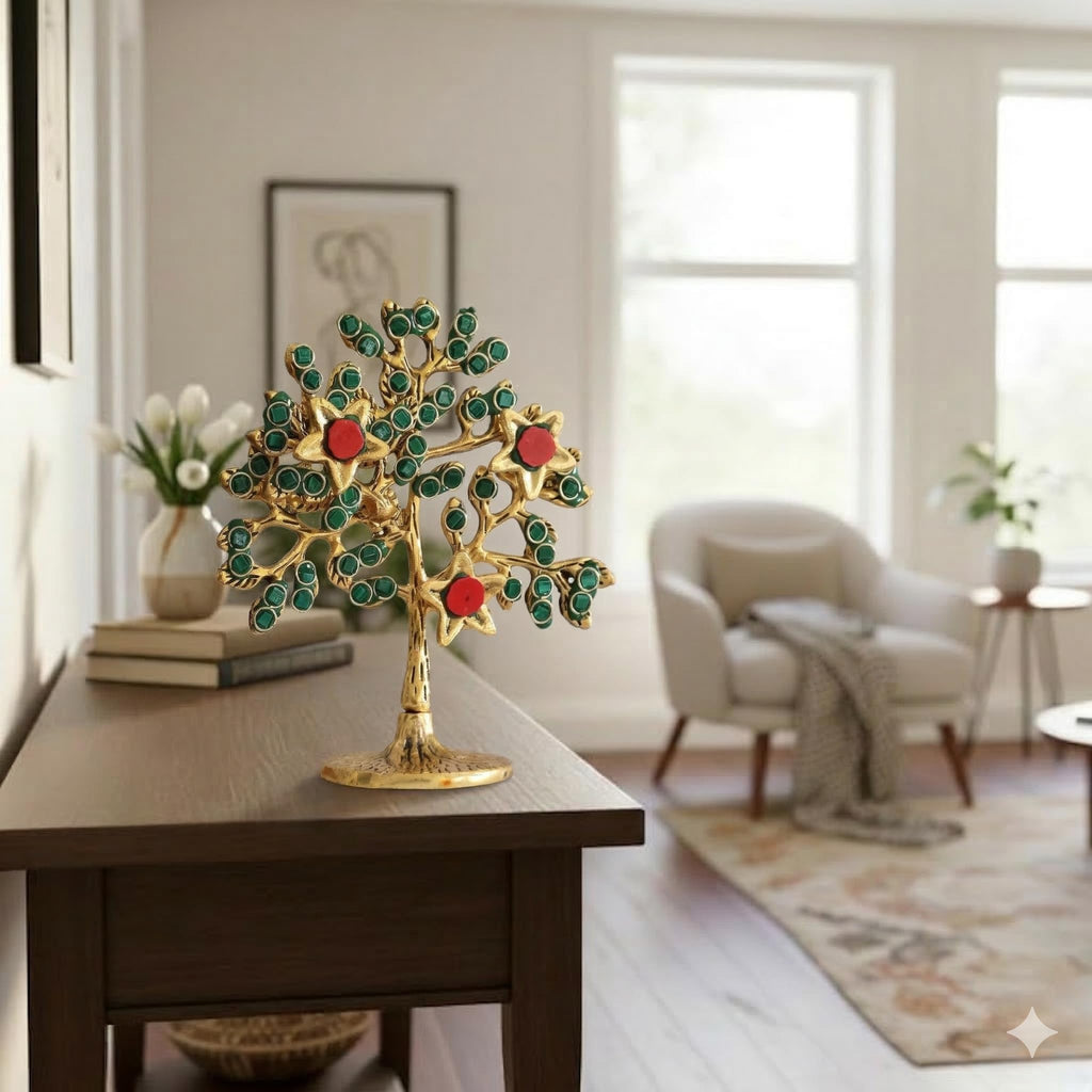 Metal Kalpavriksha Tree for Home Decor - Golden Wish Fulfilling Tree Metal Showpiece for Temple, Vastu, Office Table & Gifting Banyan (No 1 Golden with Stone)