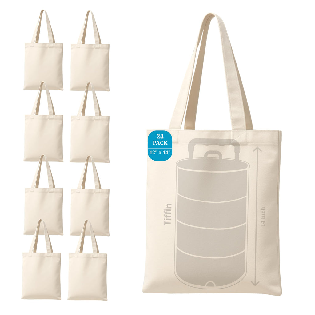 ECOCARRY 12x14 Inch (24 Pcs) Plain Canvas Tote Bag | 100% Organic Reusable 150 GSM Cotton Handbag for Shopping, Daily Use, Travel, Grocery, Gifting, Craft Diy, Painting, School, Office and Storage