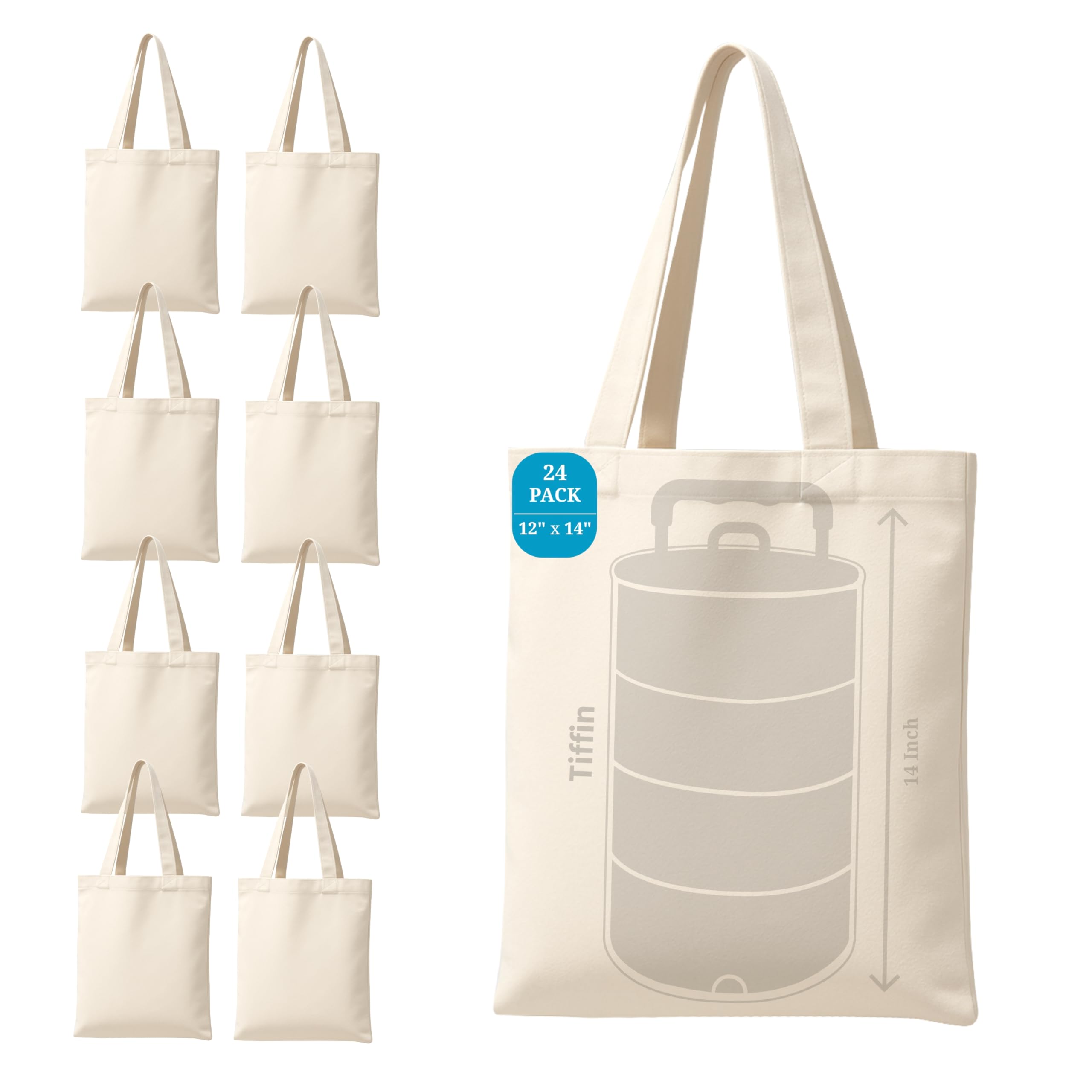 ECOCARRY 12x14 Inch (24 Pcs) Plain Canvas Tote Bag | 100% Organic Reusable 150 GSM Cotton Handbag for Shopping, Daily Use, Travel, Grocery, Gifting, Craft Diy, Painting, School, Office and Storage