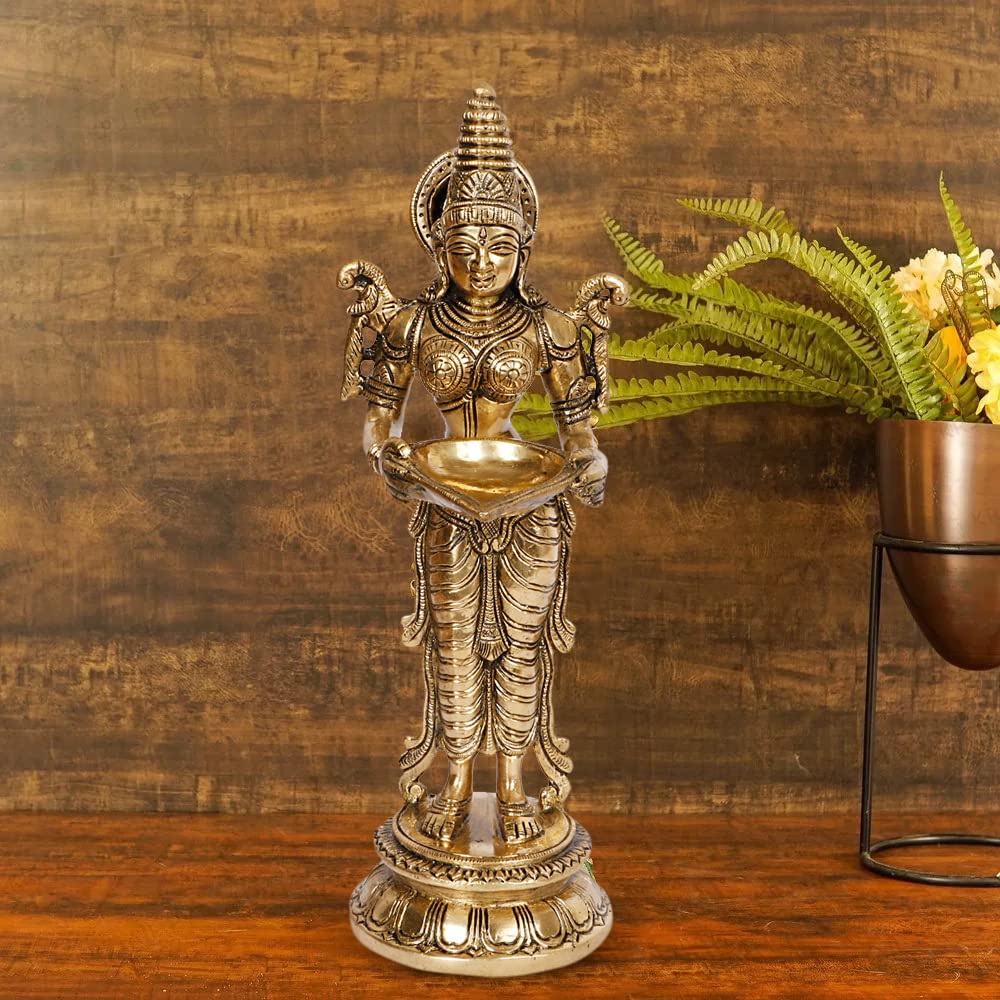 ARTVARKO Brass Deepalakshmi Idol Statue | Goddess Lakshmi Diya Oil Lamp Holder | Handmade Laxmi Murti for Pooja Room Mandir Home Decor Diwali Gift | Glossy Gold Finish | 11.5 Inch