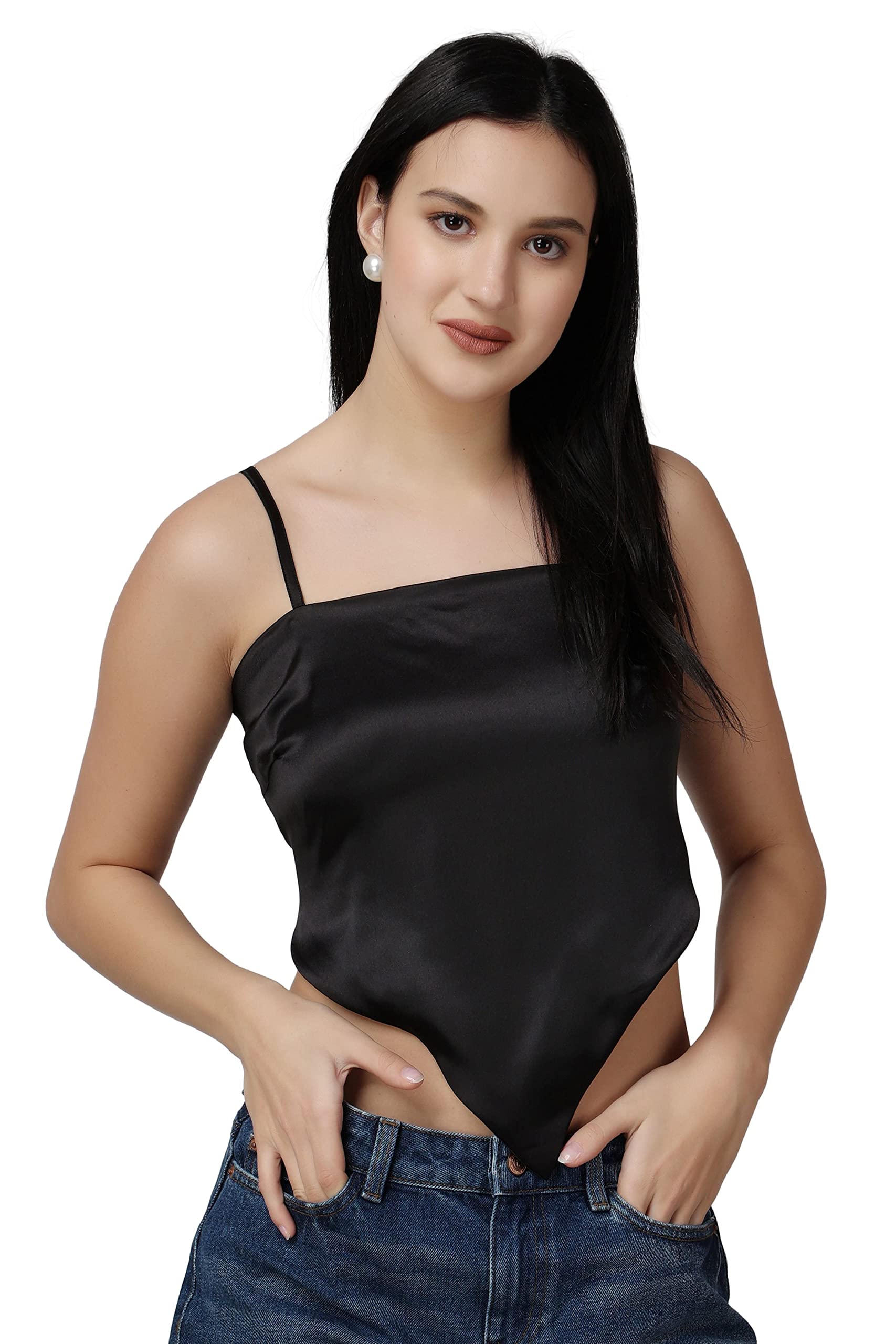 Popwings Women Casual Black Satin Scarf Knot Solid Crop Top