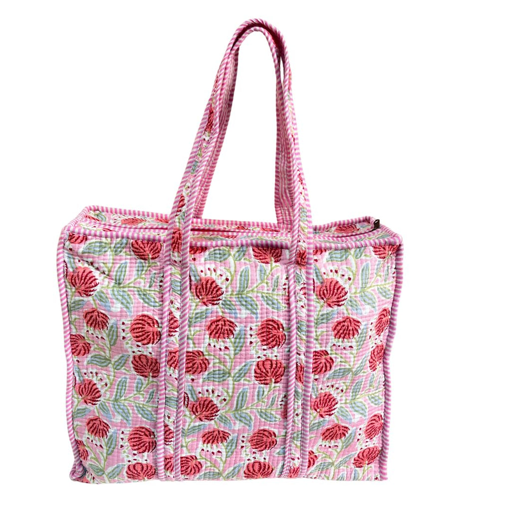 Bazaar Bhoot Edition Premium Cotton Quilted Shopping Tote Bag - Multipurpose Long Lasting Foldable Reusable Bag with zipper for Shopping, Travel & Daily Use - Made in India (Floral Pink)