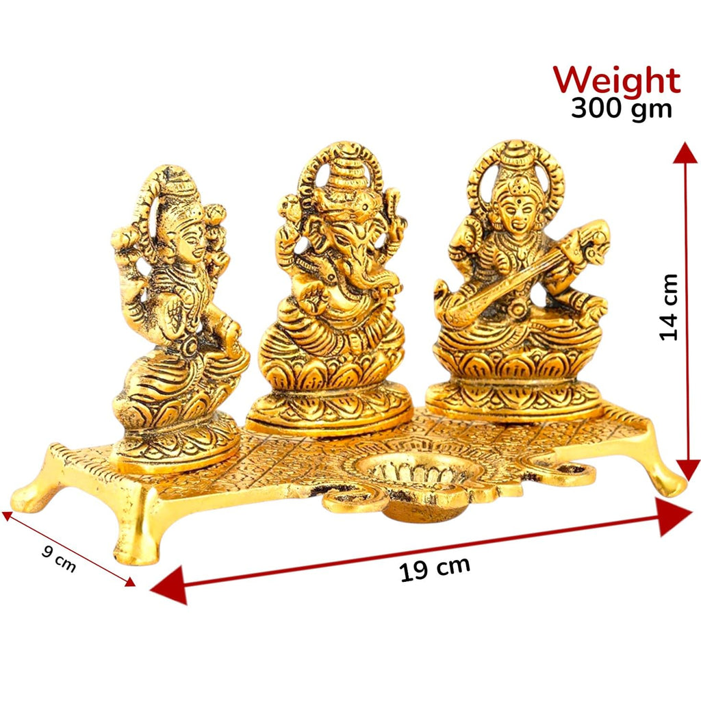 KridayKraft Laxmi Ganesh Saraswati Metal Idol Decorative Platter with Diya (Gold)