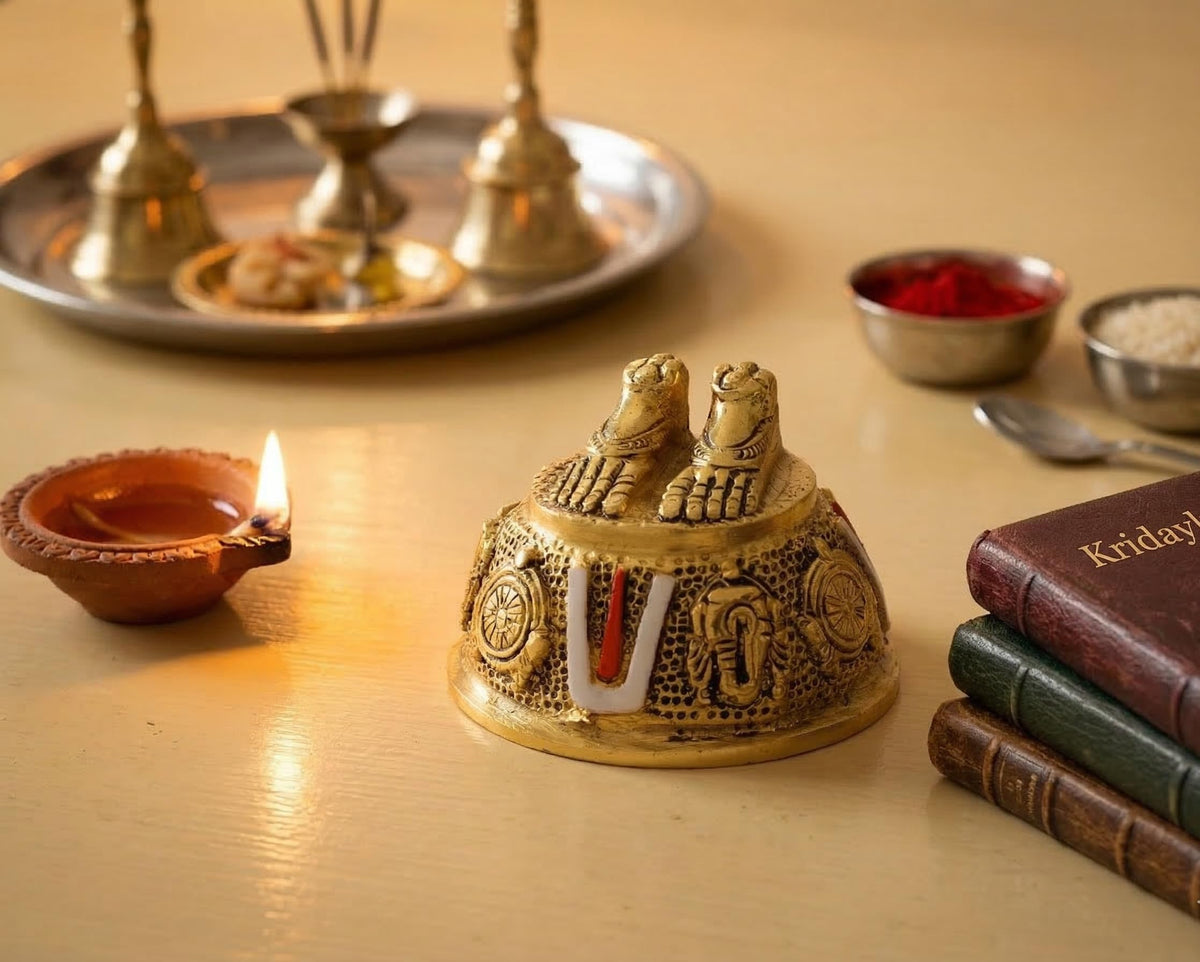 Lord Venkateswara Swami Tirupati Balaji Vishnu Charan Paduka with shank chakar tilak Namah for Pooja Room/Car Dashboard | Venkateswara Swamy Feet with Shanku & Chakra Namami Showpiece Figurines