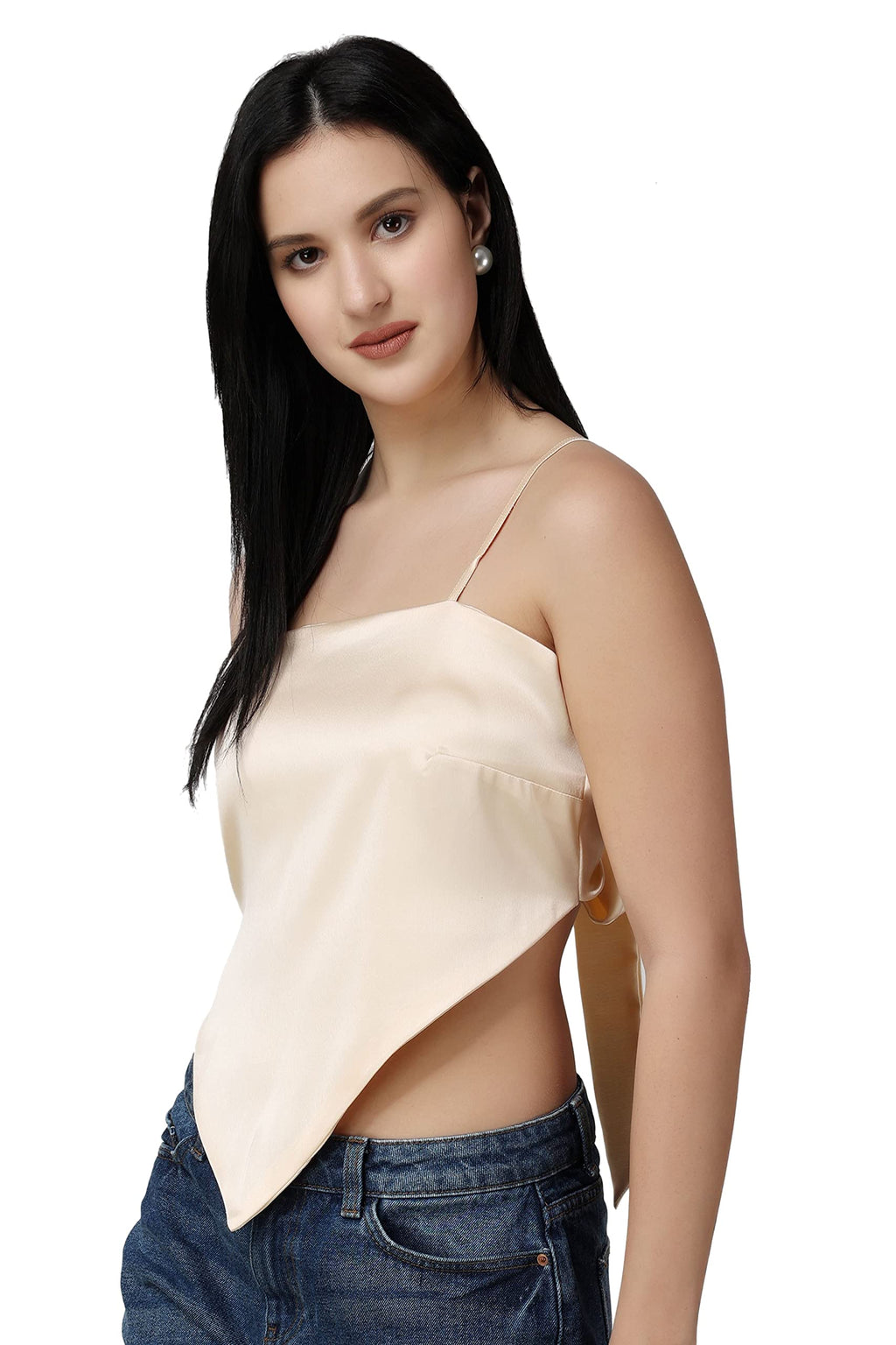 Popwings Women Casual Cream Satin Scarf Knot Solid Crop Top