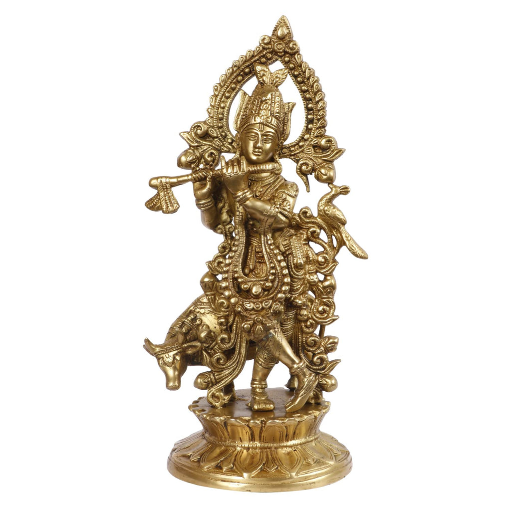 Svarup Brass Shri Krishna Idol with Cow Kishan Bhagwan Murti Lord Krishna Cow Statue with Flute Big Size Height 12 Inch Weight 3.2 Kg Color Gold