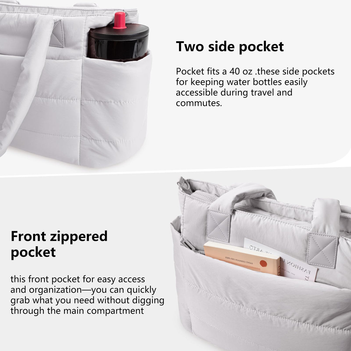 Puffer Tote Bag for Women Quilted Nurse Bag Lightweight Work Bag for Teacher Travel Handbag with Multiple Pockets, Light Gray, Large