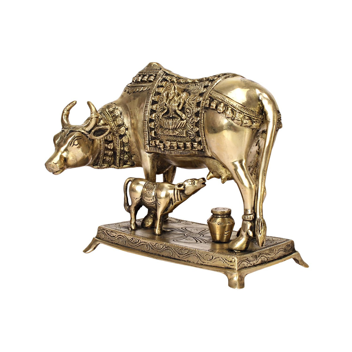 ARTVARKO Brass Cow and Calf Statue Kamdhenu Laxmi Ganesha Engraved on Gau MATA Idol, Spiritual Vastu Nandi Pooja Decor, Gold Color 10 Inch
