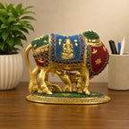 KridayKraft Decorative Kamdhenu Cow,Calf with Bal Gopal Krishna Metal Statue Embellished with Gemstones for Good Luck,Feng Shui,Vastu,Religious Gau MATA