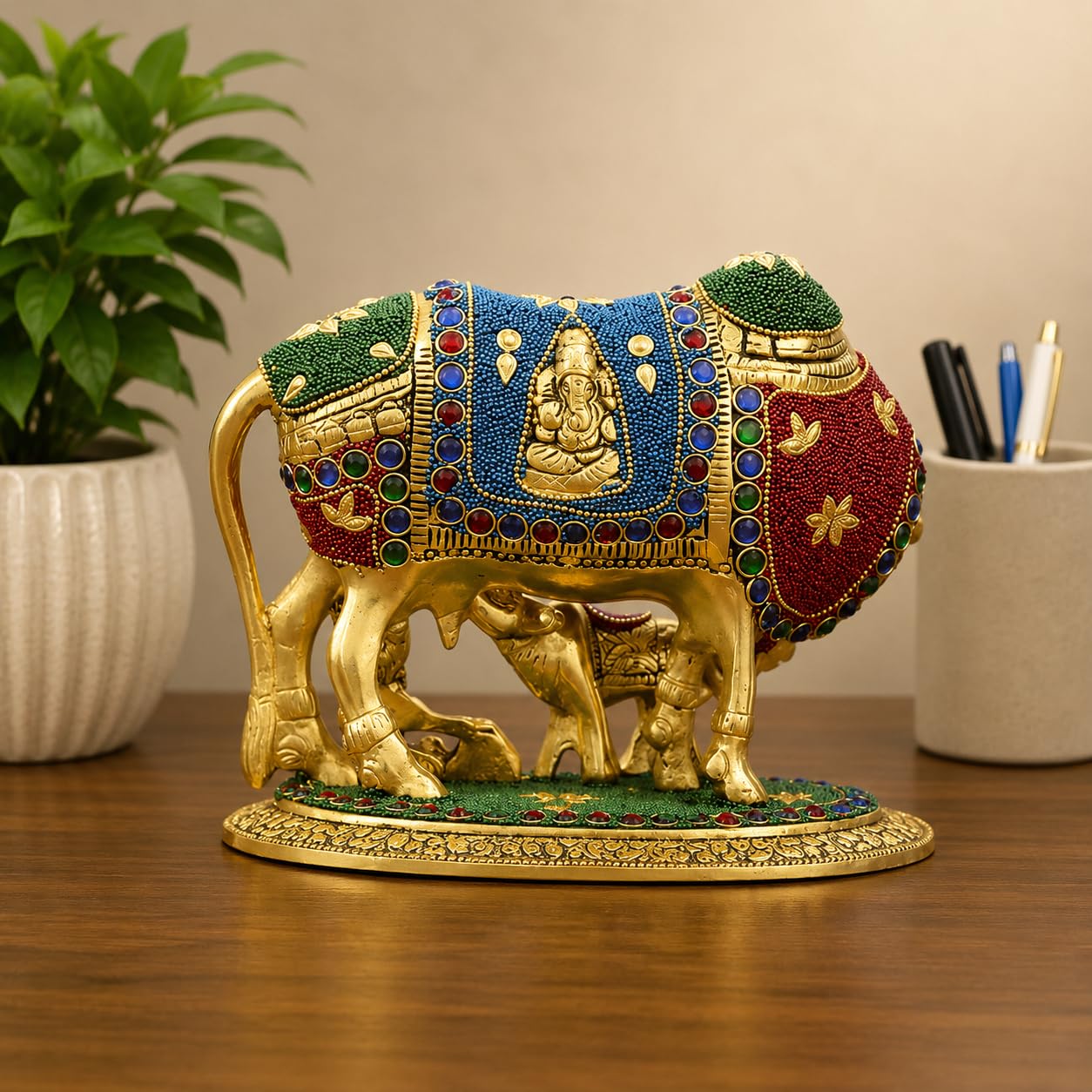 KridayKraft Decorative Kamdhenu Cow,Calf with Bal Gopal Krishna Metal Statue Embellished with Gemstones for Good Luck,Feng Shui,Vastu,Religious Gau MATA