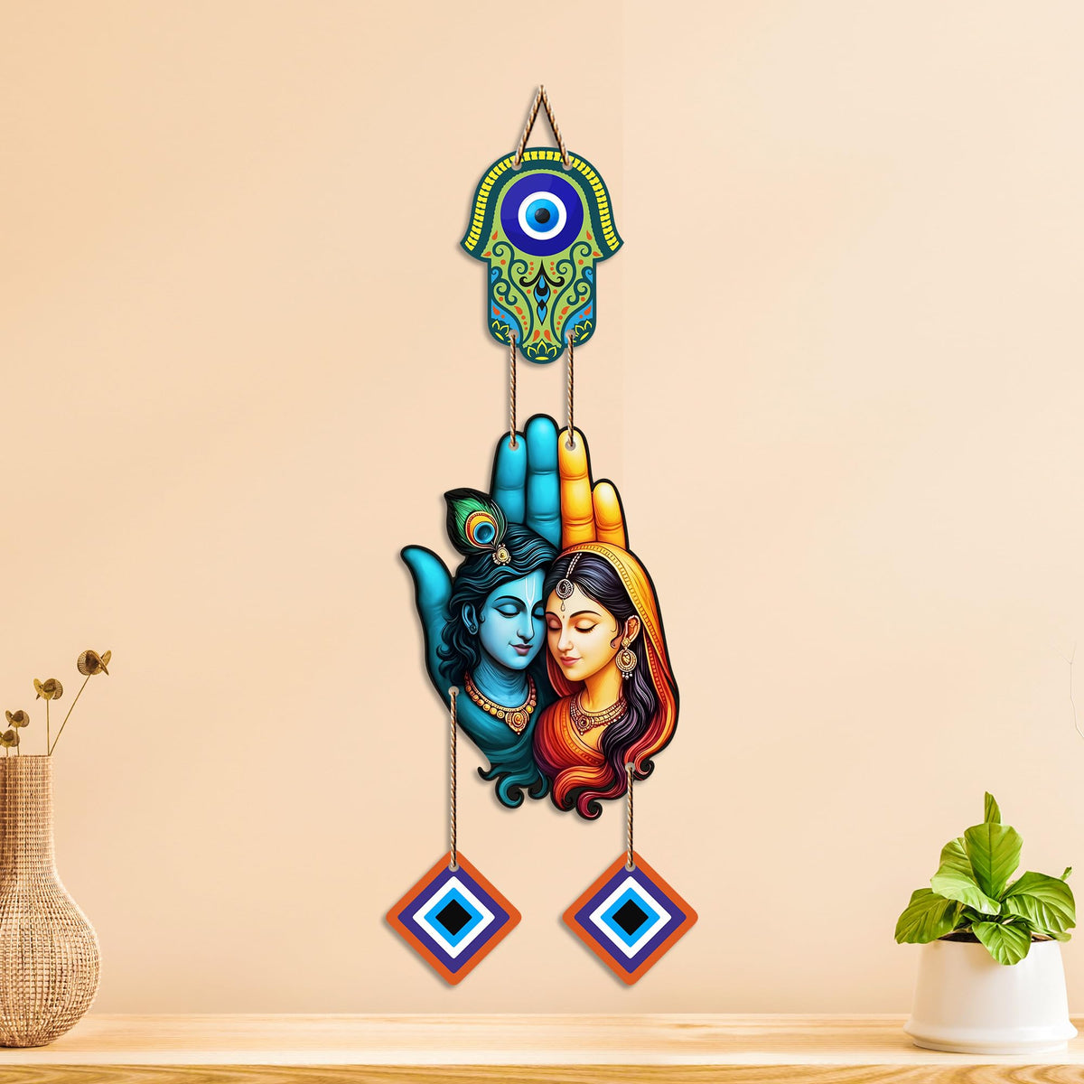 Artvibes Radha Krishna Blessings Evil Eye Wall Hanging for Entrance Door | Nazar Suraksha Decor for Home Bedroom Temple Office | Positive Energy Good Luck Decorative Gift (WH_8581N)