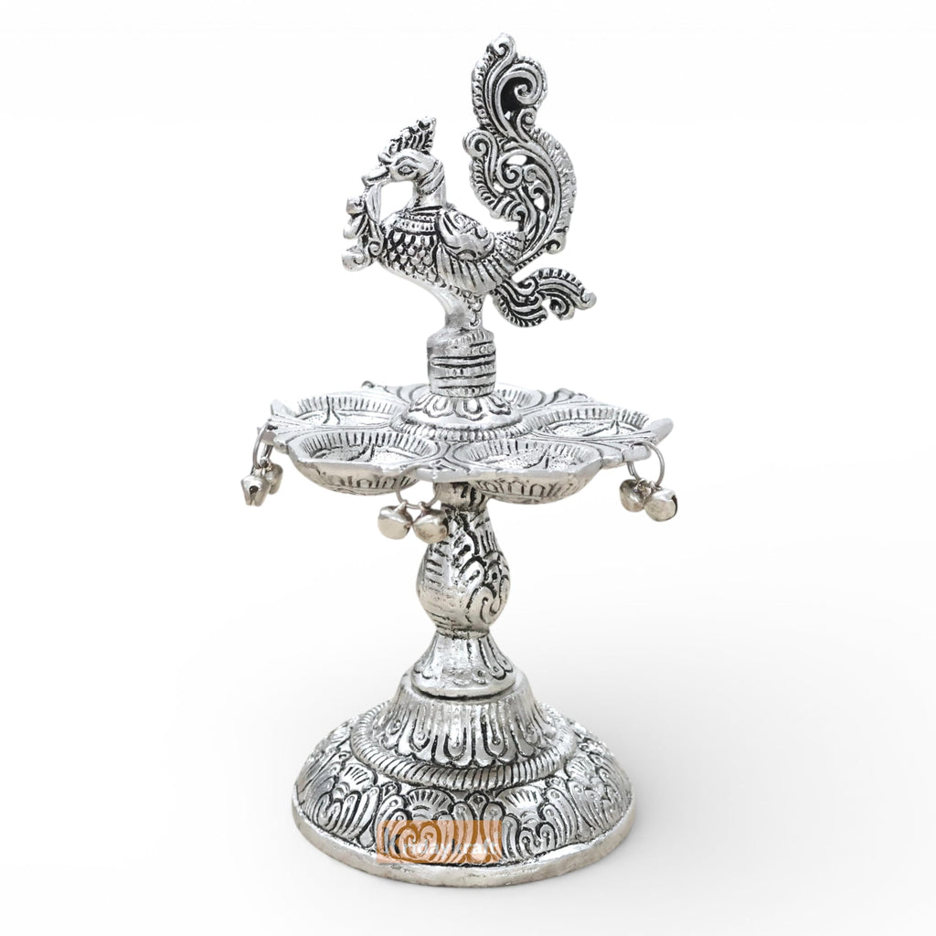 Kridaykraft Metal Peacock Diya Samai Oil Lamp, Silver Finish, Traditional Indian Decor, 19 cm Height, 270 gm, Handcrafted Design