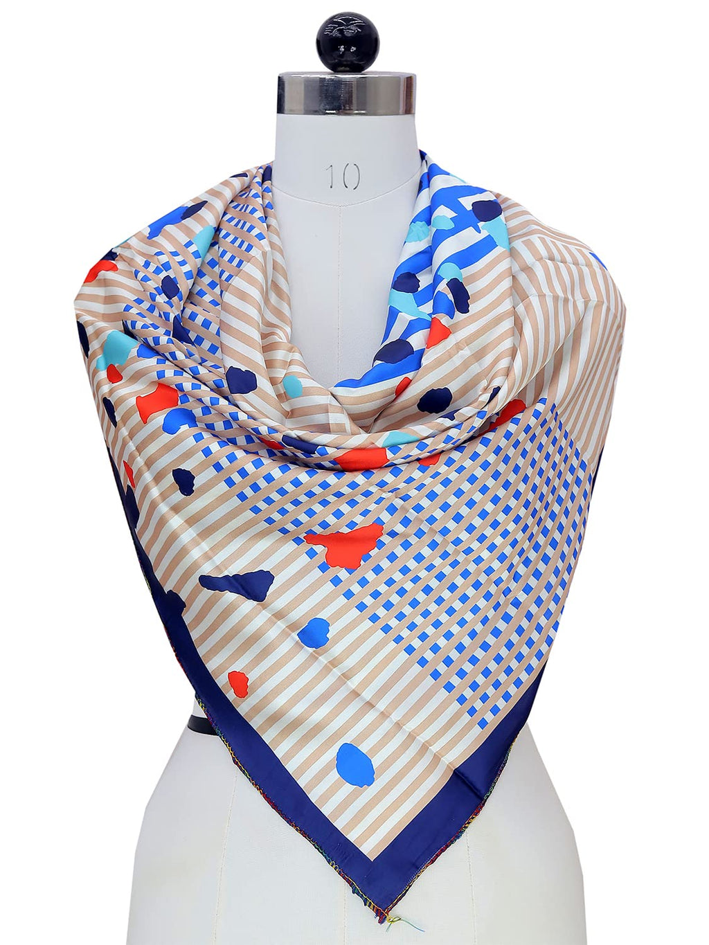 leeza store Women's Silk Scarf For Women, Blue & Beige Abstract Geometric & Stripe Mix Digital Print, 40 X 40, Elegant Lightweight Fashion Stole