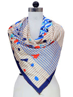 leeza store Women's Silk Scarf For Women, Blue & Beige Abstract Geometric & Stripe Mix Digital Print, 40 X 40, Elegant Lightweight Fashion Stole